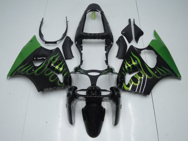 Affordable 2000-2002 Black with Green Flame Kawasaki ZX6R Motorcyle Fairings