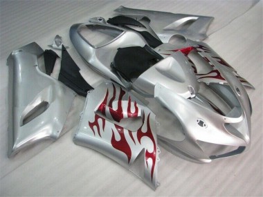 Affordable 2005-2006 Silver Red Flames Kawasaki ZX6R Motorcycle Fairings
