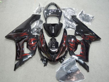Affordable 2005-2006 Black Red Flame Kawasaki ZX6R Moto Fairings