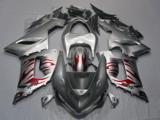Affordable 2005-2006 Silver Red Flame Ninja Kawasaki ZX6R Motorcycle Replacement Fairings
