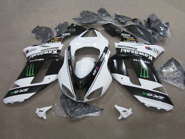 Affordable 2007-2008 Black White Monster Kawasaki ZX6R Replacement Motorcycle Fairings