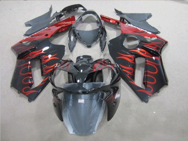 Affordable 2007-2008 Black Red Flame Kawasaki ZX6R Replacement Fairings