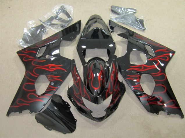 Affordable 2004-2005 Black Red Flame Suzuki GSXR600 Replacement Fairings Affordable 2004-2005 Black Red Flame Suzuki GSXR600 Replacement Fairings
