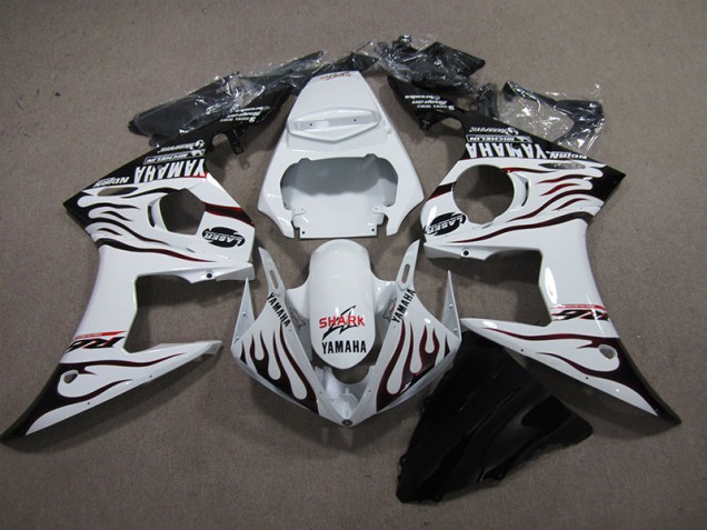 Affordable 2003-2005 White Black Flame Shark Yamaha YZF R6 Replacement Fairings Affordable 2003-2005 White Black Flame Shark Yamaha YZF R6 Replacement Fairings